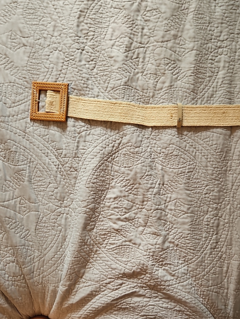Source Unknown Beige Woven Belt with Rattan Square Buckle